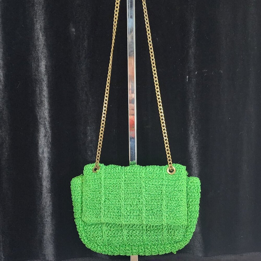 PARFOIS Green Jute Crocheted Crossbody Purse W/Antique Brass Chain Strap